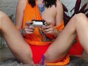 Preview 2 of Gamer girl playing game and masturbating wet pussy with vibro toy at the same time
