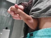 Preview 3 of Horny teen bisexual boy stroking his dick and shooting a lot of cum in public male restroom
