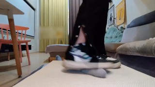 Cock crush under high heel and foot on pantyhose with cumshot
