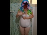 Preview 1 of Pamela Croft pregnant miss wet t-shirt in the shower, spanish amateur busty milf