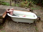 Preview 1 of Hairy babe takes outdoor bath