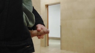 Teen daddy's twink boy went public dick jerking and cruising in men's restroom for some dicks, cum