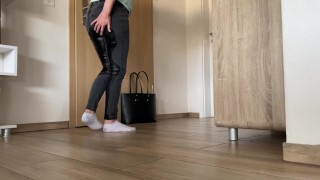 MILF comes home and can't hold back, she pees in front of the door