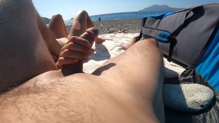 Surprised by a man he jerks off on me and I suck his cock at the beach of the campsite