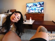 Preview 1 of Busty Brunette Sucks and Rides in POV while He Watches Football Game - Cami Strella