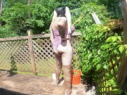 Preview 3 of Giant s cup fake tits crossdresser in animal print high heeled boots jack off cum shot BTS photoshoo