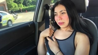 Pretty fit brunette reaches my car and help me cum in public wearing leather jacket
