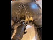 Preview 2 of Latex suit ass condom dildo play with fetish friend