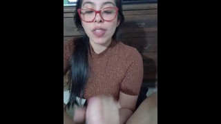 CURLY WHORE IN HANDCUFFS GIVES A SLIPY THROAT BLOWJOB AND SUCKS MY BALLS
