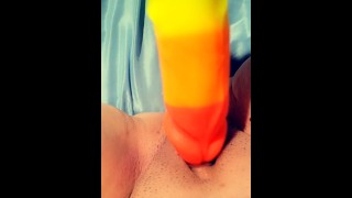 Trying out my new colorful suction dildo part 2