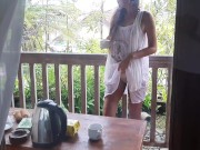 Preview 4 of Pussy Tea Time at friends balcony# Pink PUSSY like biscuit masturbation