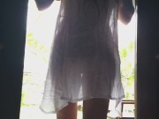 Preview 1 of NO PANTIES fetish# PUBLIC without panties n transparent wet dress # Public flashing among bungalows
