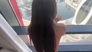 Downstairs neighbors are chatting, big tits slut gets fucked on the balcony and dare not make a soun