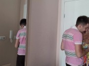 Preview 3 of Double cumshot of the neighbor's wife while her husband jerks off at home!