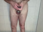 Preview 4 of Caged cuckold takes out large butt plug in the shower