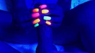 Black light glowing nails handjob