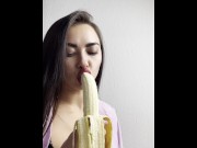 Preview 2 of Deep blowjob to a banana, ending in her mouth...