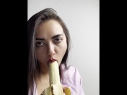 Preview 5 of Deep blowjob to a banana, ending in her mouth...