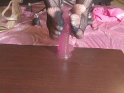 Preview 5 of Cute feet in fishnets stroking pink dildo