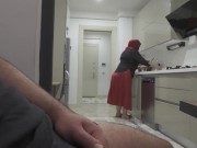 Preview 1 of Risky jerk off while watching big butt Muslim stepmom in the kitchen. MUST SEE THE REACTION.