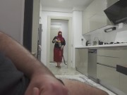 Preview 5 of Risky jerk off while watching big butt Muslim stepmom in the kitchen. MUST SEE THE REACTION.