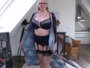Preview 1 of Satin robe striptease, bra panties, finger fuck