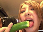 Preview 5 of Blonde housewife Mariru Amamiya fucks with a vegetable in her hairy cunt uncensored.