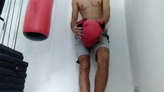 Skinny Gay Boy With Big Dick Fucks Punching Bag and Cums on Gloves