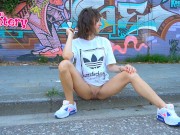Preview 3 of Quick street pee of an appetizing brunette