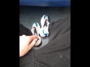 Preview 1 of guy in jeans shows off his sneakers and white socks on the train