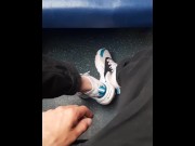 Preview 3 of guy in jeans shows off his sneakers and white socks on the train