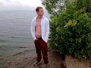 Preview 1 of the guy jerks off his big beautiful dick by the lake