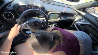 hot blonde with big tits sucks my cock in the car and gets a lot of cum in her mouth