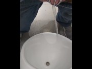 Preview 2 of Almost CAUGHT! Public bathroom!! Chastity cage URIAL PEE!!! VERY RISKY!!!