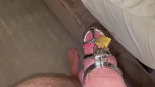 Cuckold chastity cock cage with QOS hotwife fucks black stranger in hotel