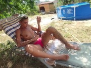 Preview 2 of Sunbathing and chillin near the pool. Smockin a spliff and masturbating outdoor. Clit sucker orgasm.