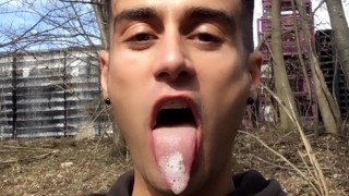 Chewing and swallowing own cum public