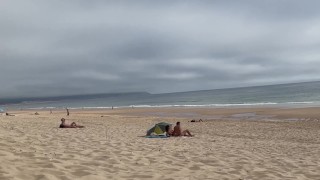 Relax on a nudist beach away from people. Handjob and cumshot in public