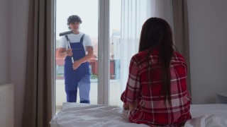 Busty hot MILF seduced window cleaner to fuck her