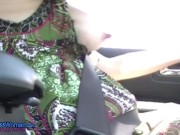 Preview 1 of HOT MILF Driving Braless, Her Top Down, Playing with Tits and Pussy Smoking Roadside with Nip Slip