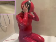 Preview 5 of 4 liters Enema in PVC catsuit and latex inflatable mask