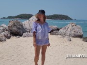 Preview 1 of Bottomless girl walking on a public beach