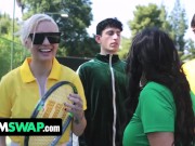 Preview 3 of Tennis Game With Slut Stepmoms Leads To Foursome Fuckfest Orgy - Kenzie Taylor & Mona Azar - MomSwap