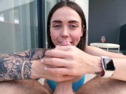Preview 6 of Great slobbery blowjob and hot fuck with sexy girl on the balcony 4K 60FPS