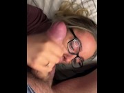 Preview 3 of Blonde Girl with Glasses Sucks Huge Cock with Facial