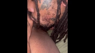 Light skin dread with face tattoos drinks Ebony hair salon manager’s wet pussy