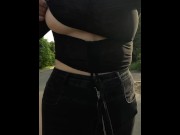 Preview 2 of showing my big natural boobs to the neighbors again [ Public flashing ]