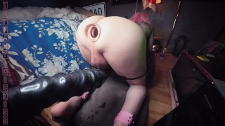 girl rides a 40 cm dildo and inserts it in her ass