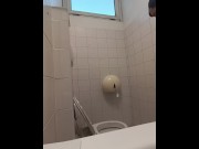 Preview 1 of camera in the bathroom of a well-known company, man pisses with his Italian cock