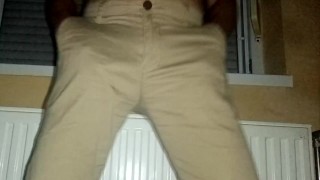Striptease and big cum onto my elegant light brown trousers after an event 😵🥒💧